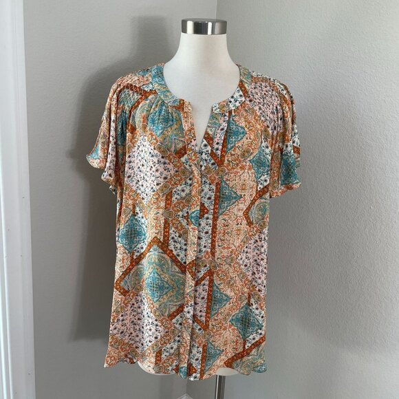 Rose + Olive Womens Plus 2X Boho Paisley Blouse Short Sleeve V Neck Shirt Top - Picture 1 of 11